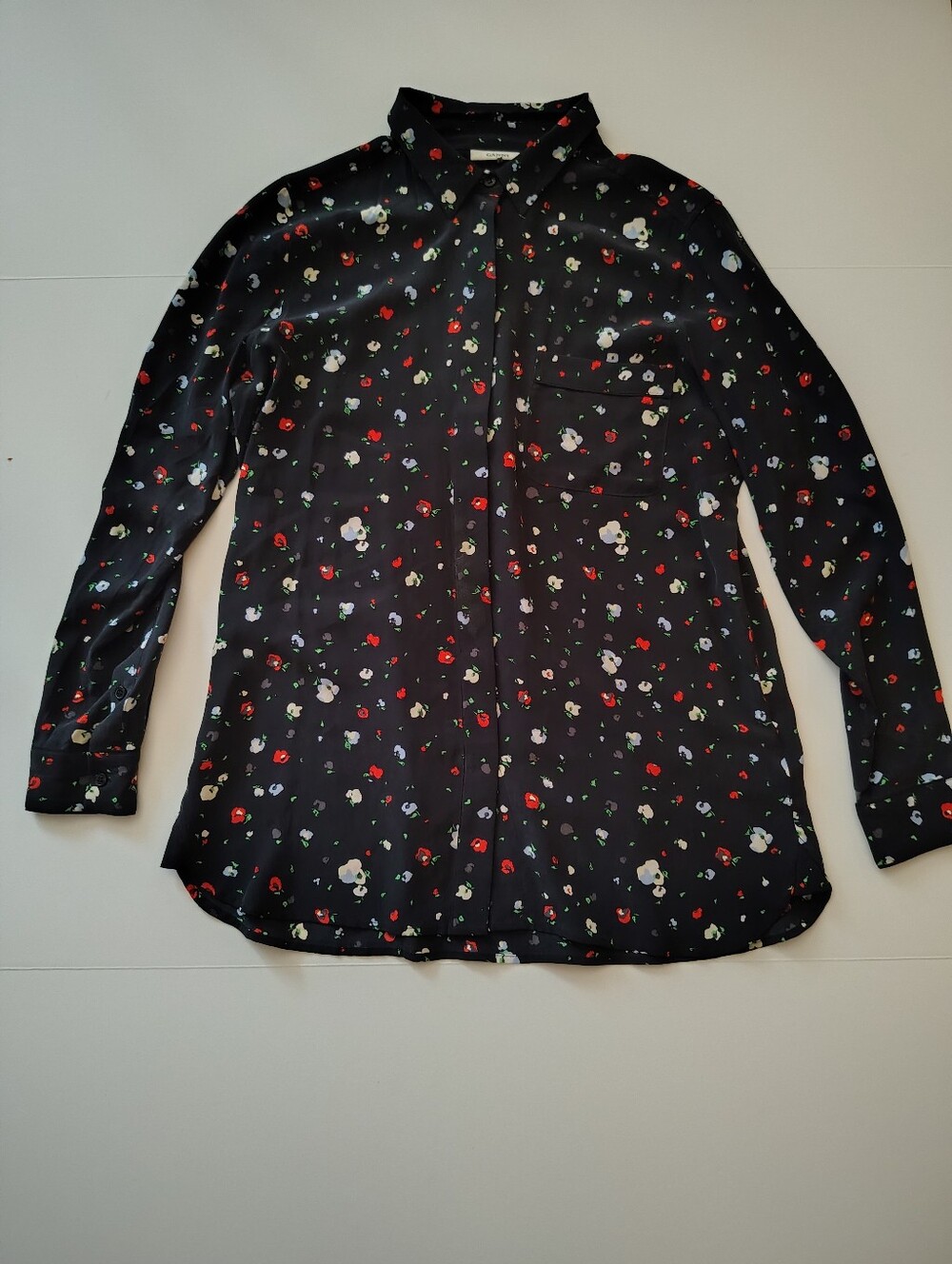 Ganni Black Silk Floral Blouse with Red & White Blooms